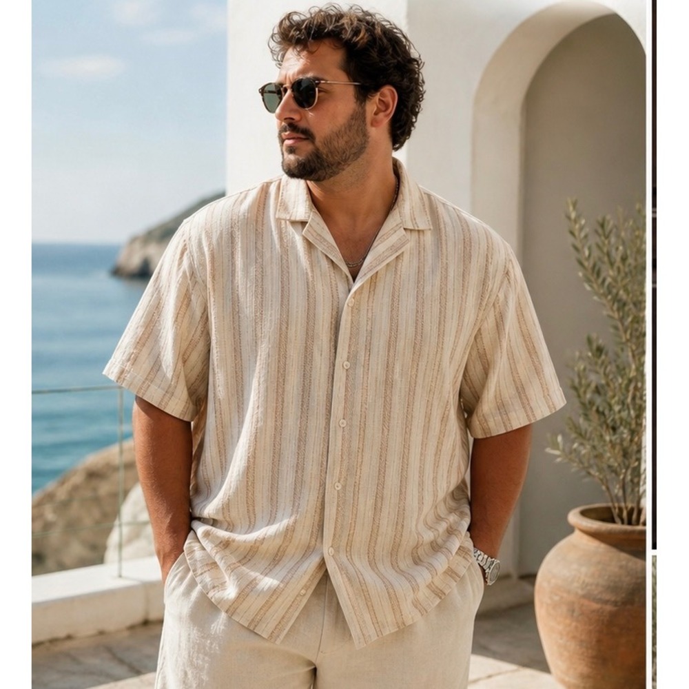 Malibu Striped Camp Collar Beach Shirt Textured Short Sleeve Coastal Tan Sz 3X